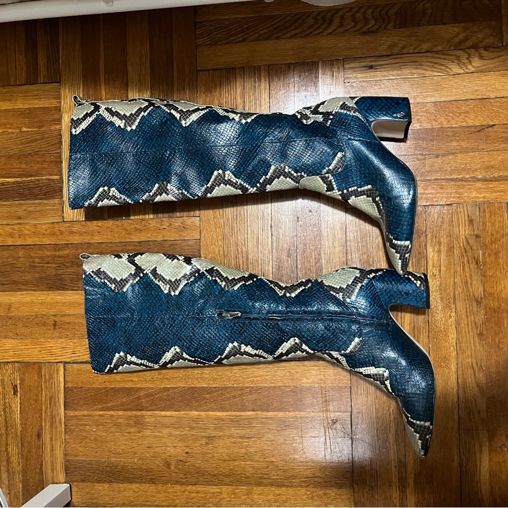 Sam Edelman Blue and Cream Snake Print Heeled Boots - Picture 7 of 7